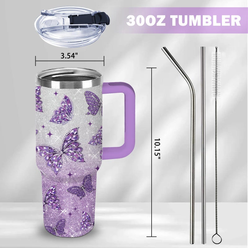 xiiai Butterfly Gifts for Women 30oz Purple Butterfly Tumbler with Handle and Straws Stainless Steel Insulated Travel Coffee Mugs, Leak-Proof, Birthday Christmas Gifts for butterflies Lover Water Cup - Image 2