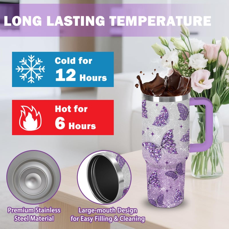 xiiai Butterfly Gifts for Women 30oz Purple Butterfly Tumbler with Handle and Straws Stainless Steel Insulated Travel Coffee Mugs, Leak-Proof, Birthday Christmas Gifts for butterflies Lover Water Cup - Image 5