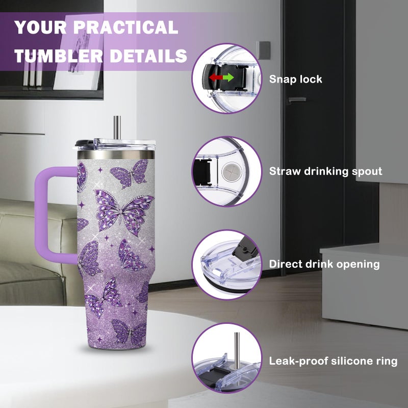 xiiai Butterfly Gifts for Women 30oz Purple Butterfly Tumbler with Handle and Straws Stainless Steel Insulated Travel Coffee Mugs, Leak-Proof, Birthday Christmas Gifts for butterflies Lover Water Cup - Image 3