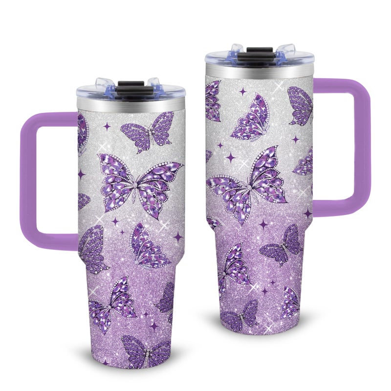 xiiai Butterfly Gifts for Women 30oz Purple Butterfly Tumbler with Handle and Straws Stainless Steel Insulated Travel Coffee Mugs, Leak-Proof, Birthday Christmas Gifts for butterflies Lover Water Cup - Image 1
