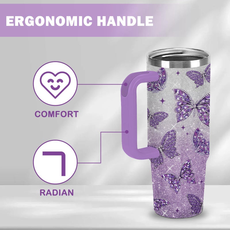 xiiai Butterfly Gifts for Women 30oz Purple Butterfly Tumbler with Handle and Straws Stainless Steel Insulated Travel Coffee Mugs, Leak-Proof, Birthday Christmas Gifts for butterflies Lover Water Cup - Image 4