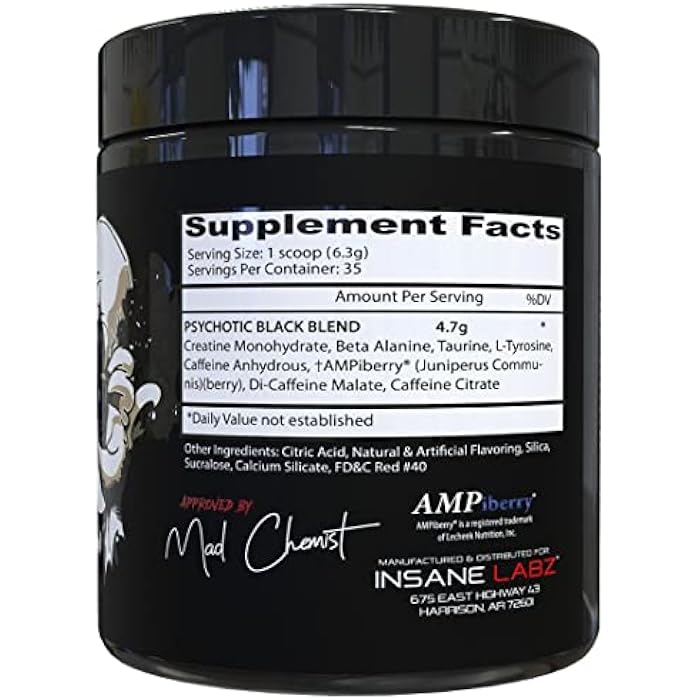 Insane Labz Psychotic Black Edition Mid Stimulant Pre Workout Powder, Energy Focus Pumps, Loaded with Creatine Beta Alanine Taurine Fueled by AMPiberry, 35 Servings (Fruit Punch) - Image 2