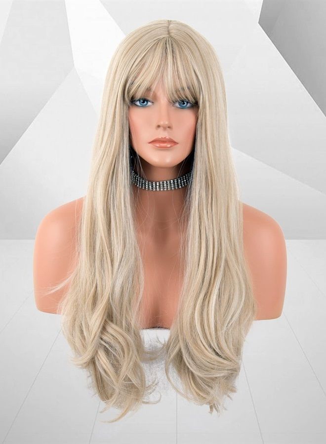 LANOVA Pale Ash Blonde Wigs with Bangs Synthetic Blonde Wig Glueless Wavy Wigs Long Light Blonde Wig 22 inch LANOVA-161 - Image 1