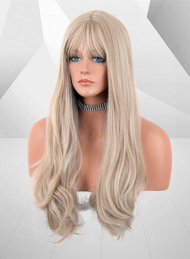 LANOVA Pale Ash Blonde Wigs with Bangs Synthetic Blonde Wig Glueless Wavy Wigs Long Light Blonde Wig 22 inch LANOVA-161 - Image 2