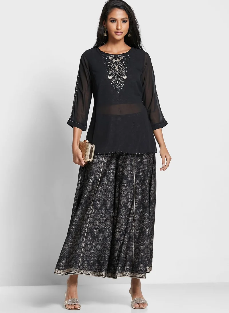 W Embroidered Top & Printed Plazzo Set