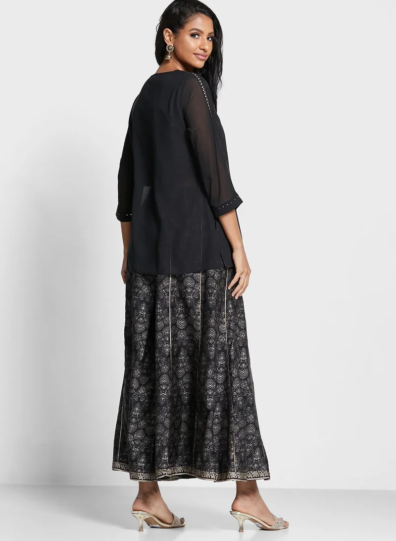 W Embroidered Top & Printed Plazzo Set