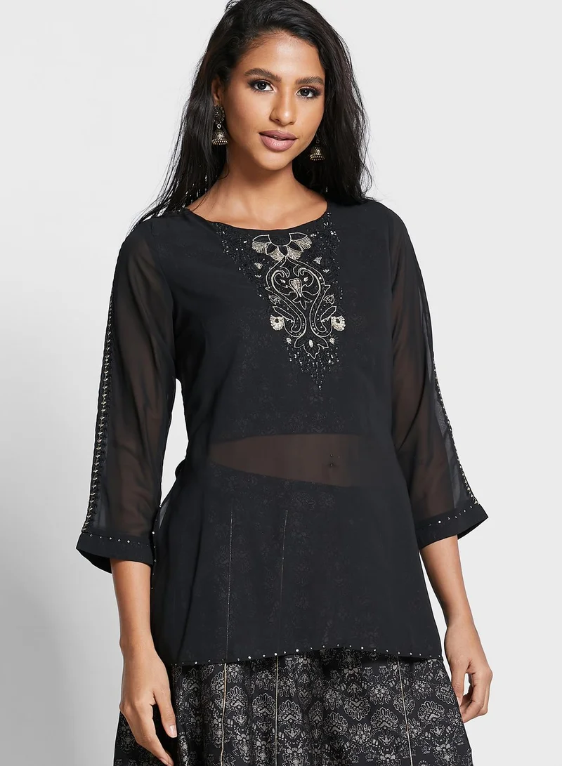 W Embroidered Top & Printed Plazzo Set