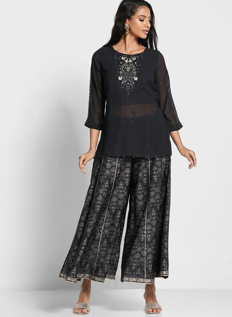 W Embroidered Top & Printed Plazzo Set