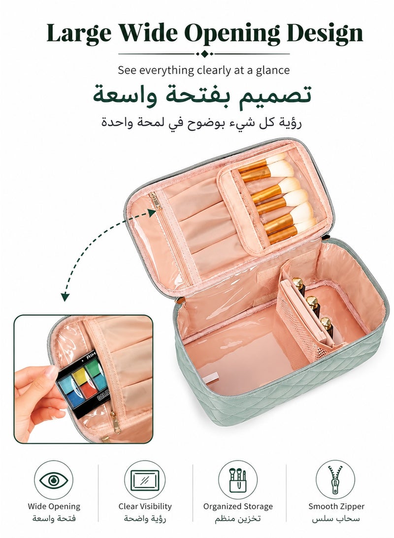 حقيبة مكياج كبيرة مبطنة ومنظم | حقيبة تخزين مستحضرات تجميل للسفر باللون الأخضر النعناعي للنساء | حقيبة أدوات تجميل مقاومة للماء بسحاب من جلد البولي يوريثان، حقيبة تجميل نسائية، الإمارات العربية المتحدة - Image 4