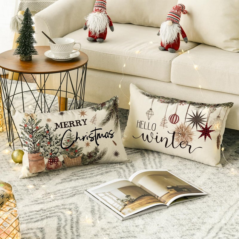 AVOIN colorlife AVOIN colorlife Merry Christmas Balls Eucalyptus Holly Berries Gloves Throw Pillow Covers  12 x 20 Inch Xmas Winter Holiday Red Stripes Cushion Case Decoration for Sofa Couch Set of 4  - Image 4