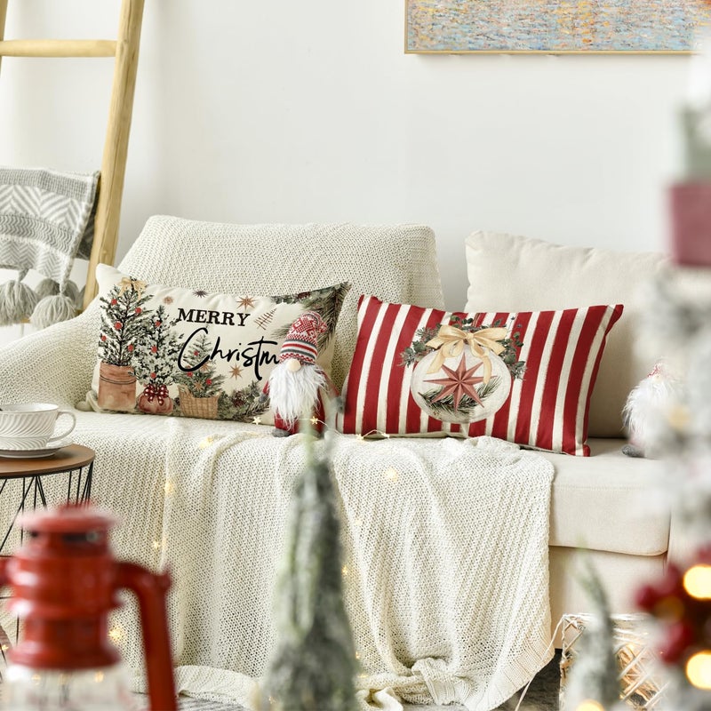 AVOIN colorlife AVOIN colorlife Merry Christmas Balls Eucalyptus Holly Berries Gloves Throw Pillow Covers  12 x 20 Inch Xmas Winter Holiday Red Stripes Cushion Case Decoration for Sofa Couch Set of 4  - Image 3