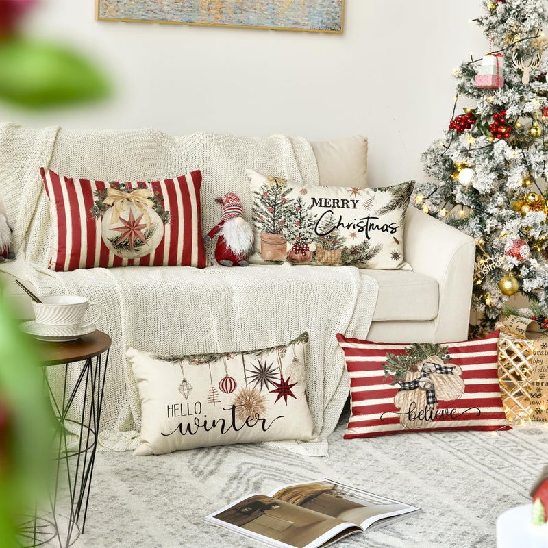 AVOIN colorlife AVOIN colorlife Merry Christmas Balls Eucalyptus Holly Berries Gloves Throw Pillow Covers  12 x 20 Inch Xmas Winter Holiday Red Stripes Cushion Case Decoration for Sofa Couch Set of 4  - Image 2