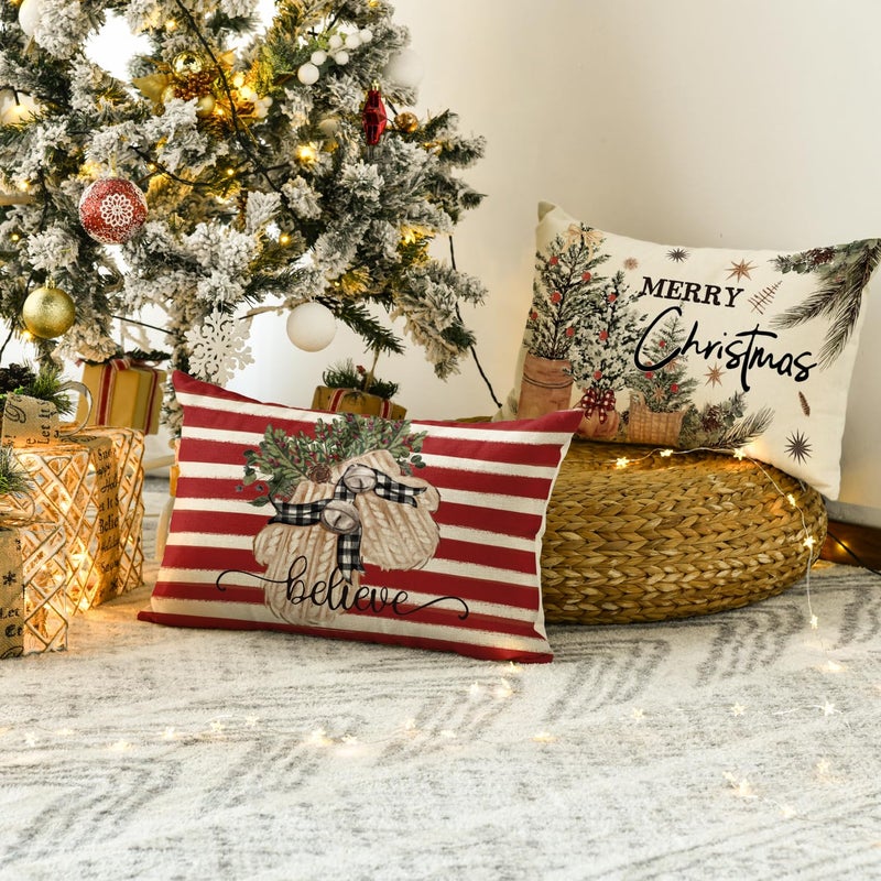 AVOIN colorlife AVOIN colorlife Merry Christmas Balls Eucalyptus Holly Berries Gloves Throw Pillow Covers  12 x 20 Inch Xmas Winter Holiday Red Stripes Cushion Case Decoration for Sofa Couch Set of 4  - Image 5