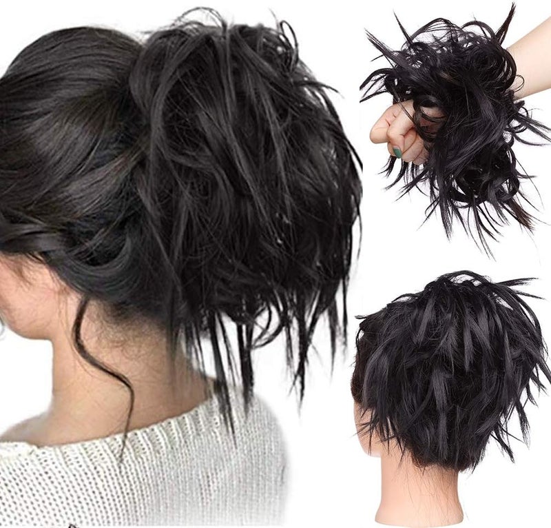 Tousled Updo Messy Bun Hair Extension Instant Ponytail With Elastic Rubber Band Updo Chignon Donut Scrunchies Extensions Hairpiece Synthetic Wavy Hair for Women Dark Brown