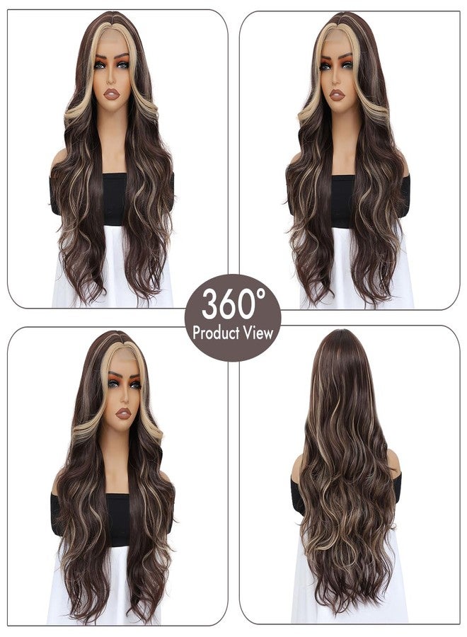 xccoco Body Wave Synthetic Lace Front Wig Brown Wig with Blonde Highlight 28inch Long Wavy Wigs for Black Women (4A/22B) - Image 4