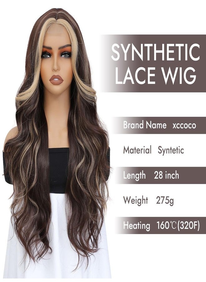 xccoco Body Wave Synthetic Lace Front Wig Brown Wig with Blonde Highlight 28inch Long Wavy Wigs for Black Women (4A/22B) - Image 2