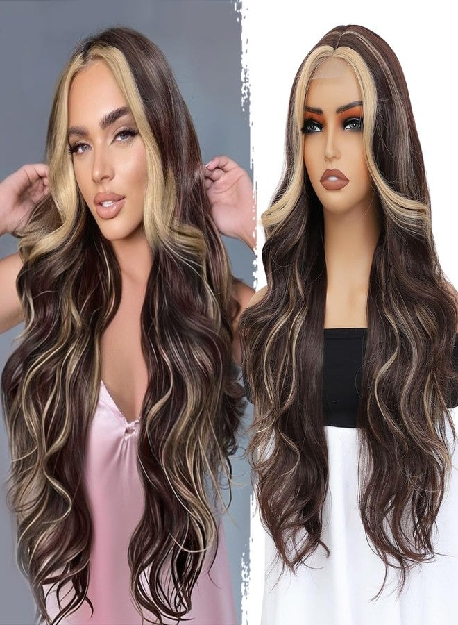 xccoco Body Wave Synthetic Lace Front Wig Brown Wig with Blonde Highlight 28inch Long Wavy Wigs for Black Women (4A/22B) - Image 1