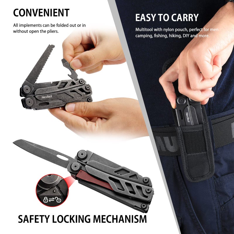 NexTool Heavy Duty Multitool Pliers with Pocket Scissors, Replaceable Wire Cutters, Nylon Sheath, Folding Multitool Knife with Safety Lock for Camping, Survival, Home Repair, DIY - Image 2