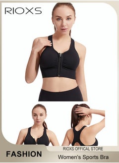 RIOXS Women's Sports Bra, Soild Color Yoga Bra With Front Zipper, Adjustable Sports Vest, Back Cutout No Steel Ring Bras, Yoga Sports Fitness Lingerie For Women, Ladies Comfy Breathable Bras, Shock-Proof Push-Up Underwear  - Image 3