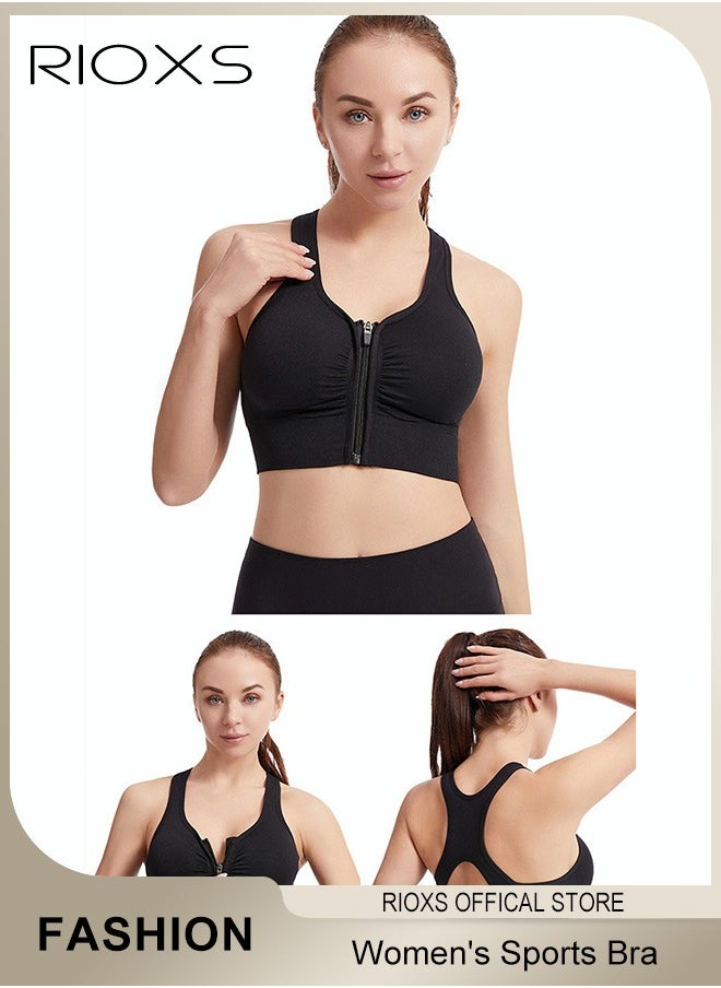 RIOXS - Women's Sports Bra, Soild Color Yoga Bra With Front Zipper, Adjustable Sports Vest, Back Cutout No Steel Ring Bras, Yoga Sports Fitness Lingerie For Women, Ladies Comfy Breathable Bras, Shock-Proof Push-Up Underwear - Image 1