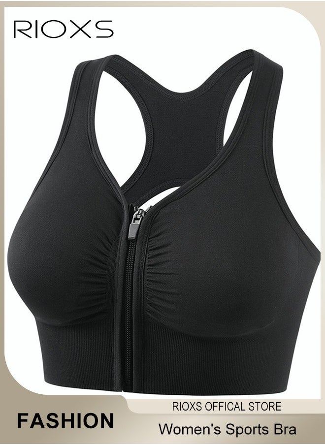 RIOXS - Women's Sports Bra, Soild Color Yoga Bra With Front Zipper, Adjustable Sports Vest, Back Cutout No Steel Ring Bras, Yoga Sports Fitness Lingerie For Women, Ladies Comfy Breathable Bras, Shock-Proof Push-Up Underwear - Image 1