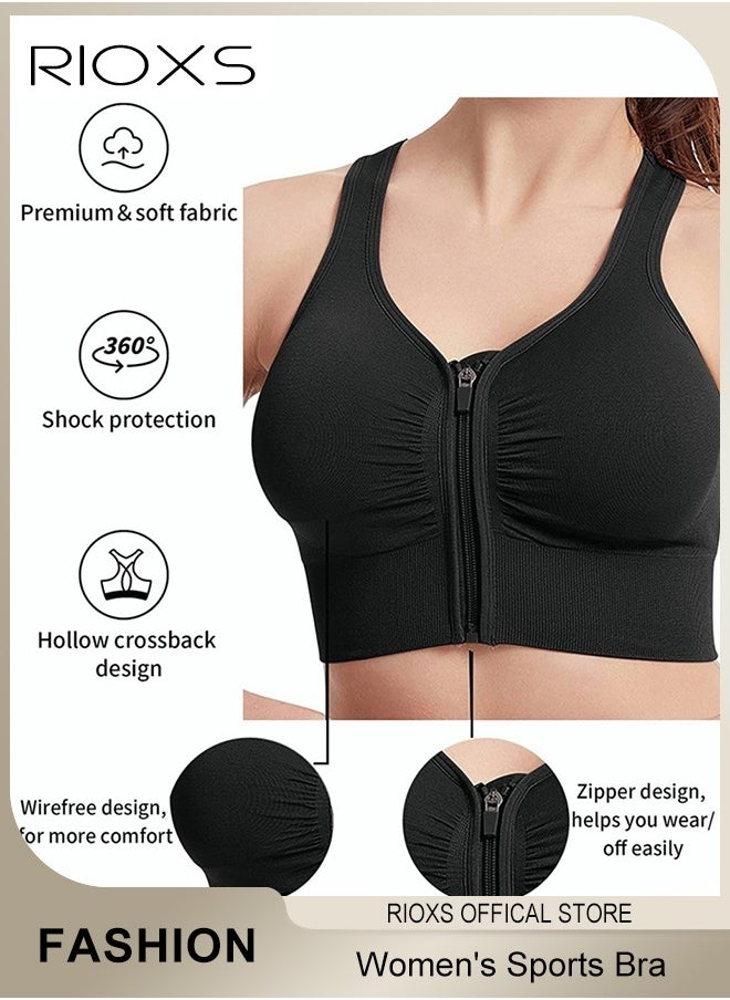 RIOXS - Women's Sports Bra, Soild Color Yoga Bra With Front Zipper, Adjustable Sports Vest, Back Cutout No Steel Ring Bras, Yoga Sports Fitness Lingerie For Women, Ladies Comfy Breathable Bras, Shock-Proof Push-Up Underwear - Image 1