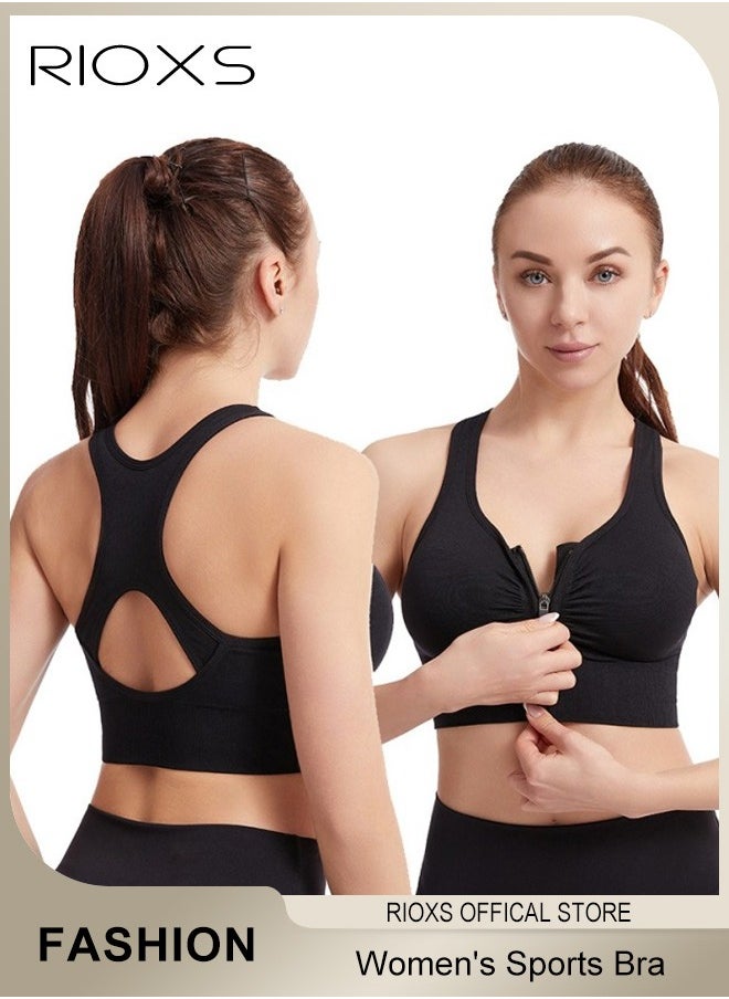 RIOXS - Women's Sports Bra, Soild Color Yoga Bra With Front Zipper, Adjustable Sports Vest, Back Cutout No Steel Ring Bras, Yoga Sports Fitness Lingerie For Women, Ladies Comfy Breathable Bras, Shock-Proof Push-Up Underwear - Image 1