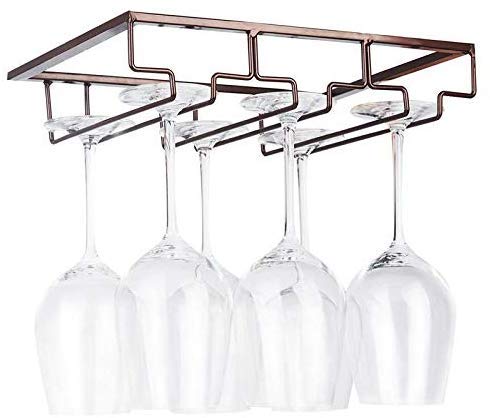 FOMANSH Wine Glass Rack - Under Cabinet Stemware Wine Glass Holder Glasses Storage Hanger Metal Organizer for Bar Kitchen Brown - Image 1