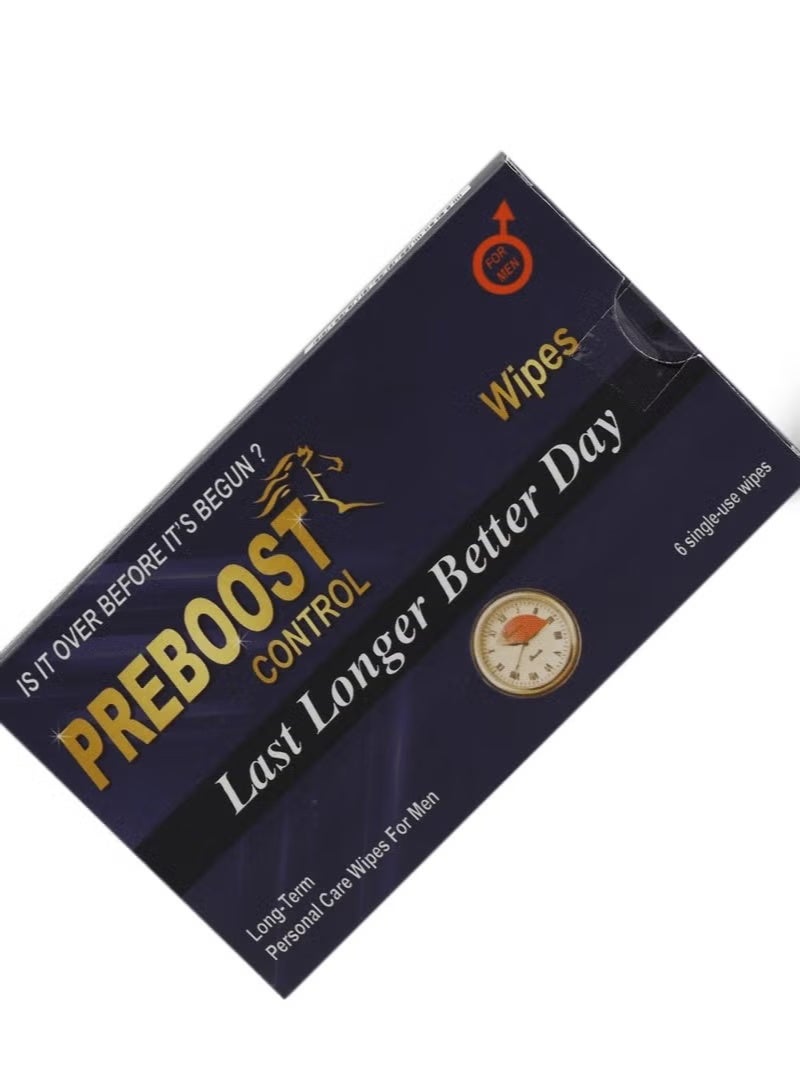 Preboost Control Last Longer Better Day Personal Care Wipes For Men - 6 single-use wipes