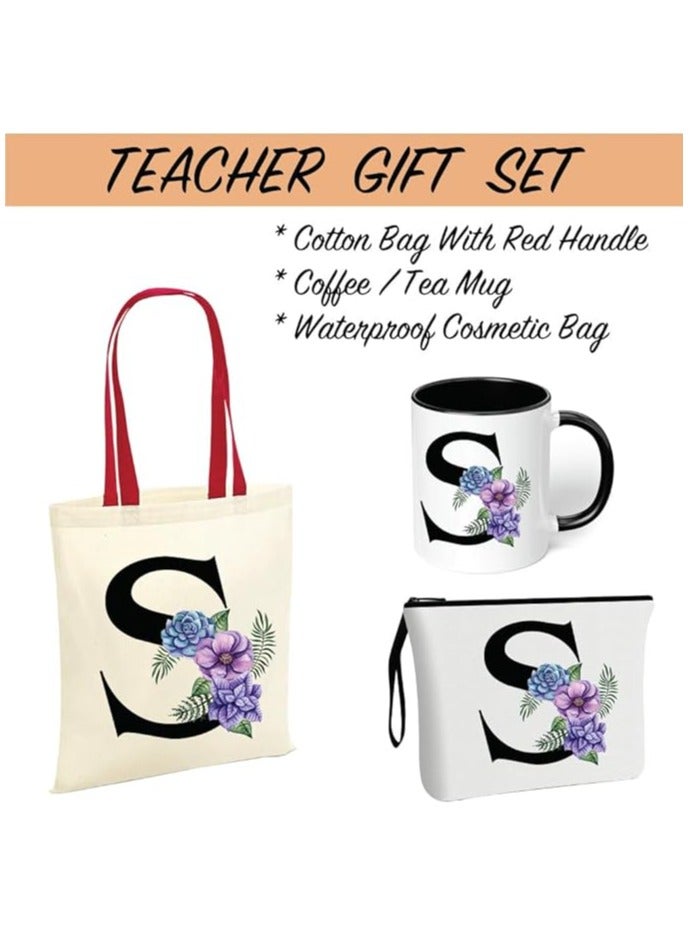 PRINTSHOP4ME Initial Letters Canvas Cotton Tote Bag With Red Handle and Cosmetic pouch for girls - Mug gifts - Pack of 3 Combo set -Giftset for wedding - Gifts for girls - Gift for friends  - Image 2