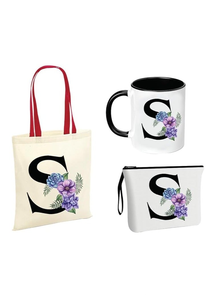 PRINTSHOP4ME Initial Letters Canvas Cotton Tote Bag With Red Handle and Cosmetic pouch for girls - Mug gifts - Pack of 3 Combo set -Giftset for wedding - Gifts for girls - Gift for friends  - Image 1