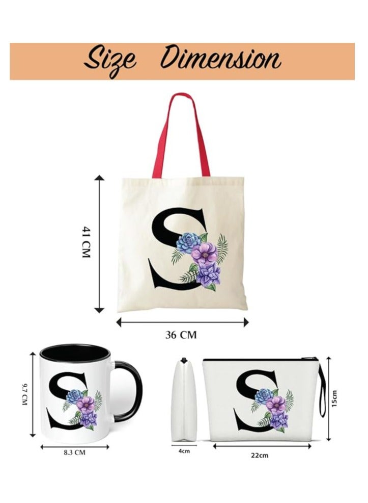 PRINTSHOP4ME Initial Letters Canvas Cotton Tote Bag With Red Handle and Cosmetic pouch for girls - Mug gifts - Pack of 3 Combo set -Giftset for wedding - Gifts for girls - Gift for friends  - Image 3