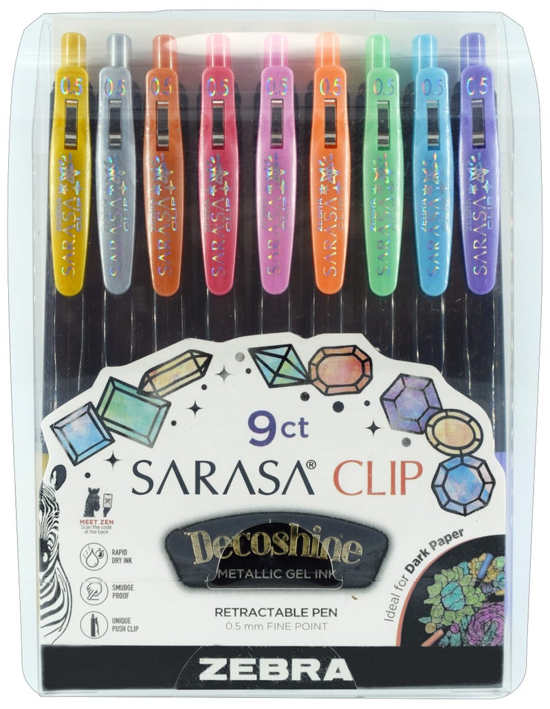 Zebra Pen Sarasa Clip Decoshine Retractable Gel Pen, 0.5mm Fine Point, Assorted Metallic Colors, Works Well on Dark Paper, Ideal for Journal, Note Taking and Planner Use, 9-Pack (49009) - Image 1