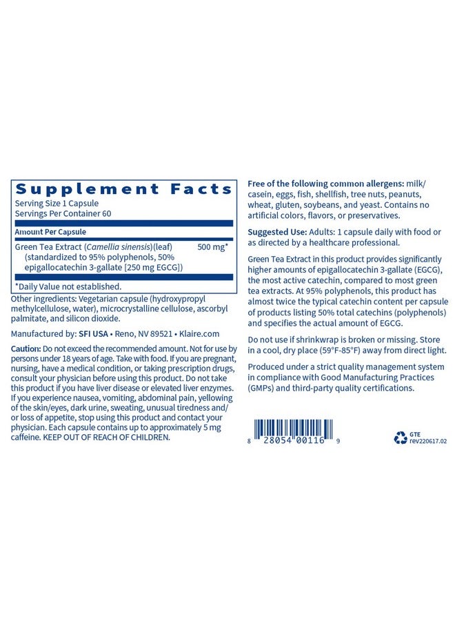 Klaire Labs - Green Tea Extract 500 Milligrams Green Tea Leaf Extract 95% Polyphenol Content 250 Milligrams Egcg (60 Vegetarian Capsules) - Image 1