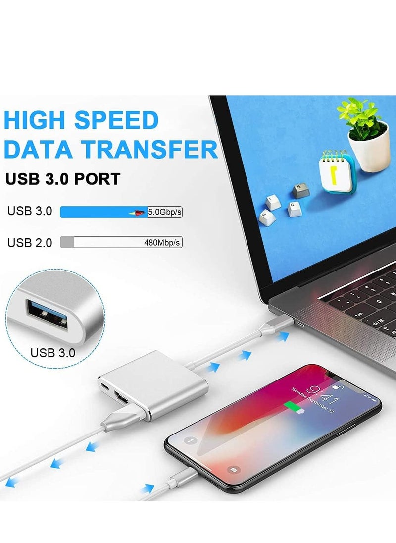 USB C to HDMI Multiport Adapter, 3 in 1 Type C Hub with Thunderbolt 3 to HDMI 4K/USB 3.0/Fast Charging Port, Android Digital AV Adapter for MacBook Pro, MacBook Air, Projector, Monitor – Compact, High-Speed Connectivity for Seamless Display & Data Transfer