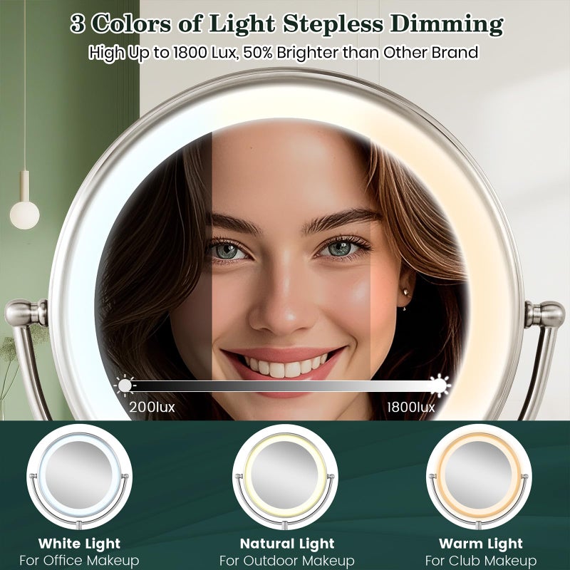 VESAUR 11.8" Extra Large 17" Tall Lighted Makeup Mirror, 1X/5X/10X 3-Sided Magnifying Mirror with 96 LEDs, 3 Color Dimmable Lights, 360Â° Swivel Dual Power Vanity Mirror, Nickel Finish Luxury Gift Box - Image 4