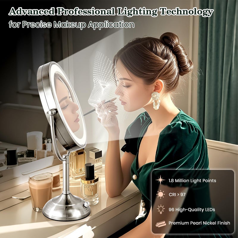 VESAUR 11.8" Extra Large 17" Tall Lighted Makeup Mirror, 1X/5X/10X 3-Sided Magnifying Mirror with 96 LEDs, 3 Color Dimmable Lights, 360Â° Swivel Dual Power Vanity Mirror, Nickel Finish Luxury Gift Box - Image 2