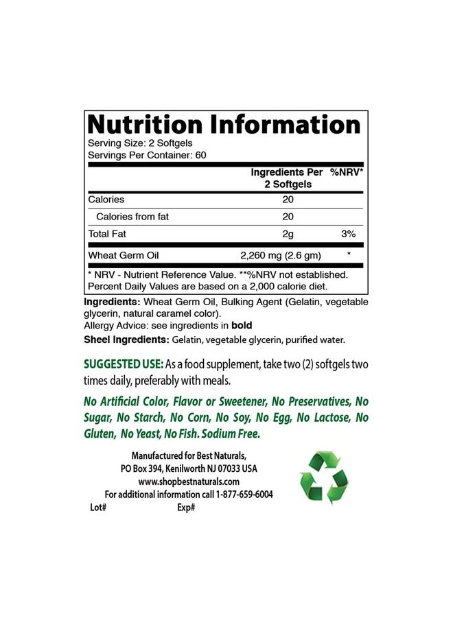 Best Naturals - Best Naturals Wheat Germ Oil 1130 mg 120 Softgels - Image 1