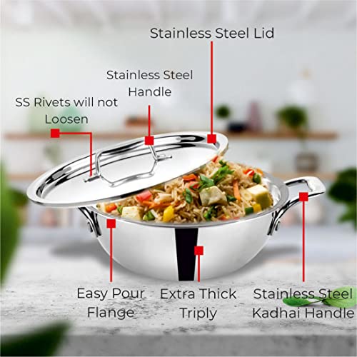 BALTRA Tri-Ply Stainless Steel 22cm (2.1 L) Kadai with Stainless Steel Lid, Triply Kadhai with Heavy Bottom, Non-Toxic, Healthy, Less Oil Cooking, Easy to Clean - Induction and Gas Stove Ready - Image 2