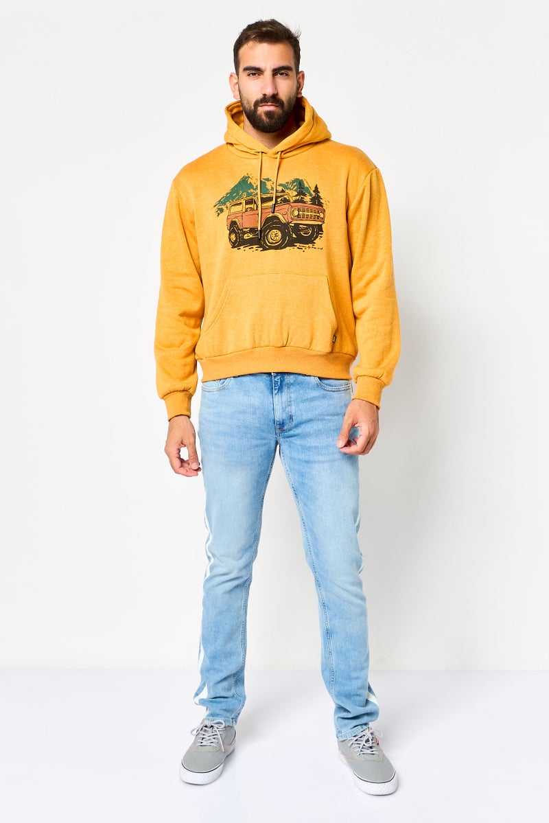 Horizon Men Hood Graphic Print Long Sleeve Fleece Hoodie, Mustard - Image 2