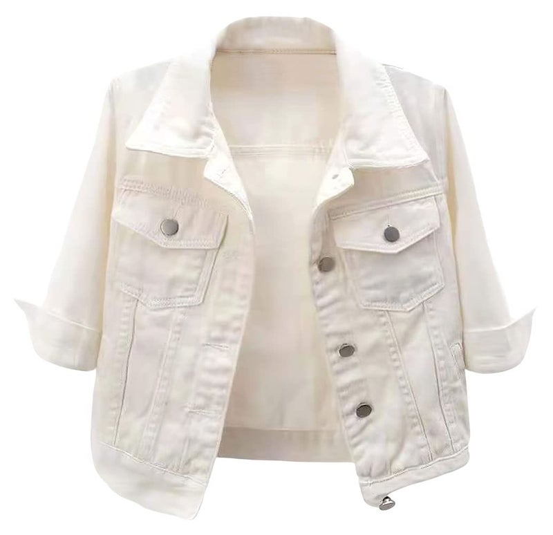 loveimgs Women Casual 34 Sleeve Button Down Cropped Denim Jean Jacket Motorcycle Short Jacket XSmall White - Image 2
