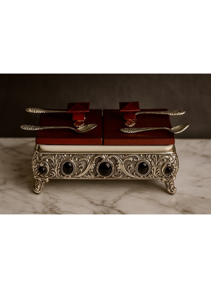 Whynot Premium Dual-Compartment Antique Sugar Bowl with Spoons – Silver & Wood Design - Image 1