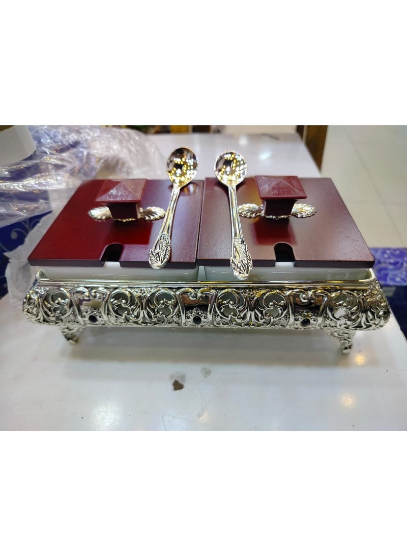 Whynot Premium Dual-Compartment Antique Sugar Bowl with Spoons – Silver & Wood Design - Image 2