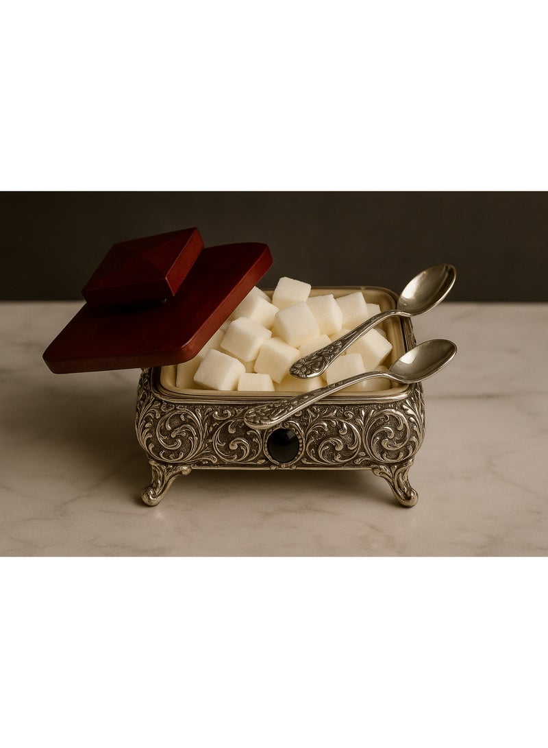 Whynot Premium Dual-Compartment Antique Sugar Bowl with Spoons – Silver & Wood Design - Image 3