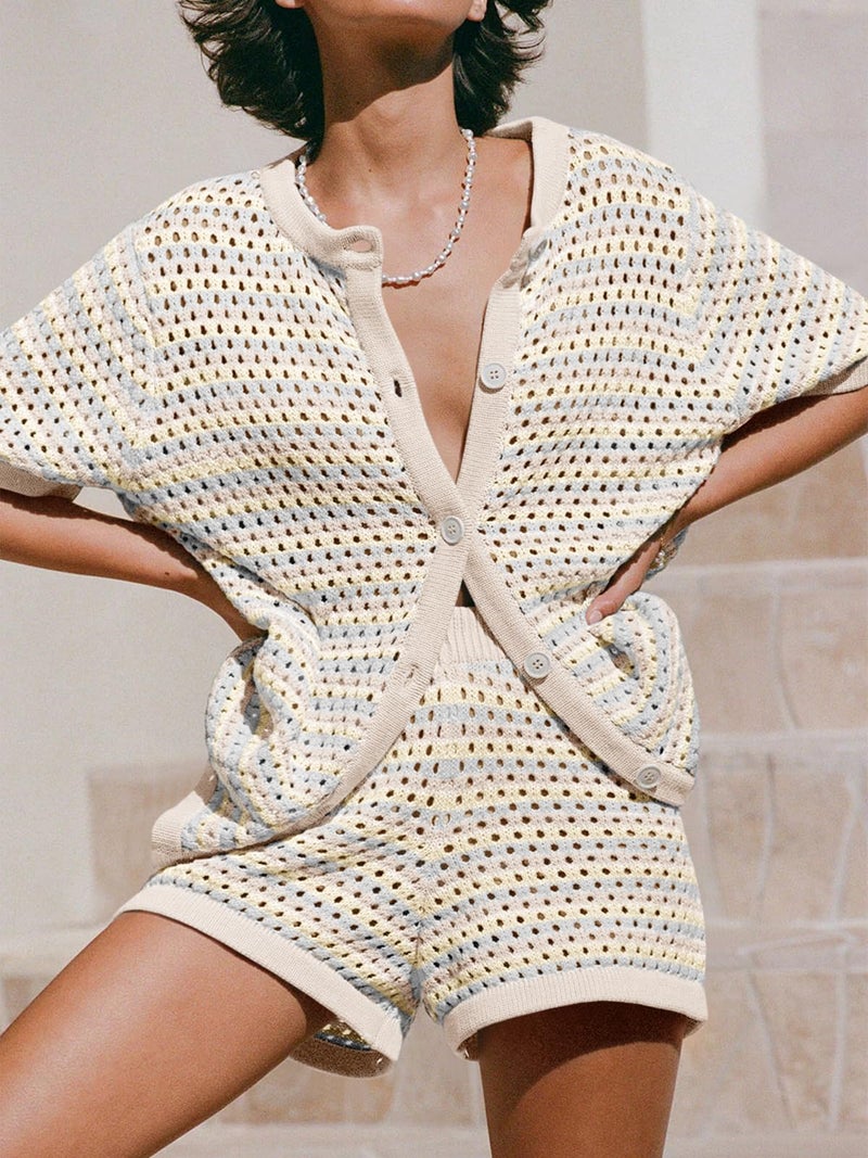 Saodimallsu Womens Summer Crochet Short Sets Striped Knit Short Sleeve Button Shirts 2 Piece Beach Cover Up Outfits Apricot - Image 2