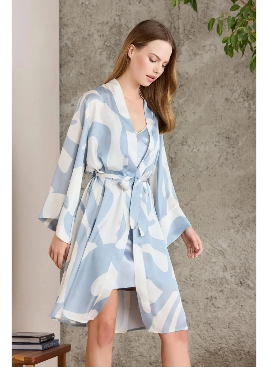 بيير كاردان 2420 Women's Satin Printed Dressing Gown Nightgown Set-Mist