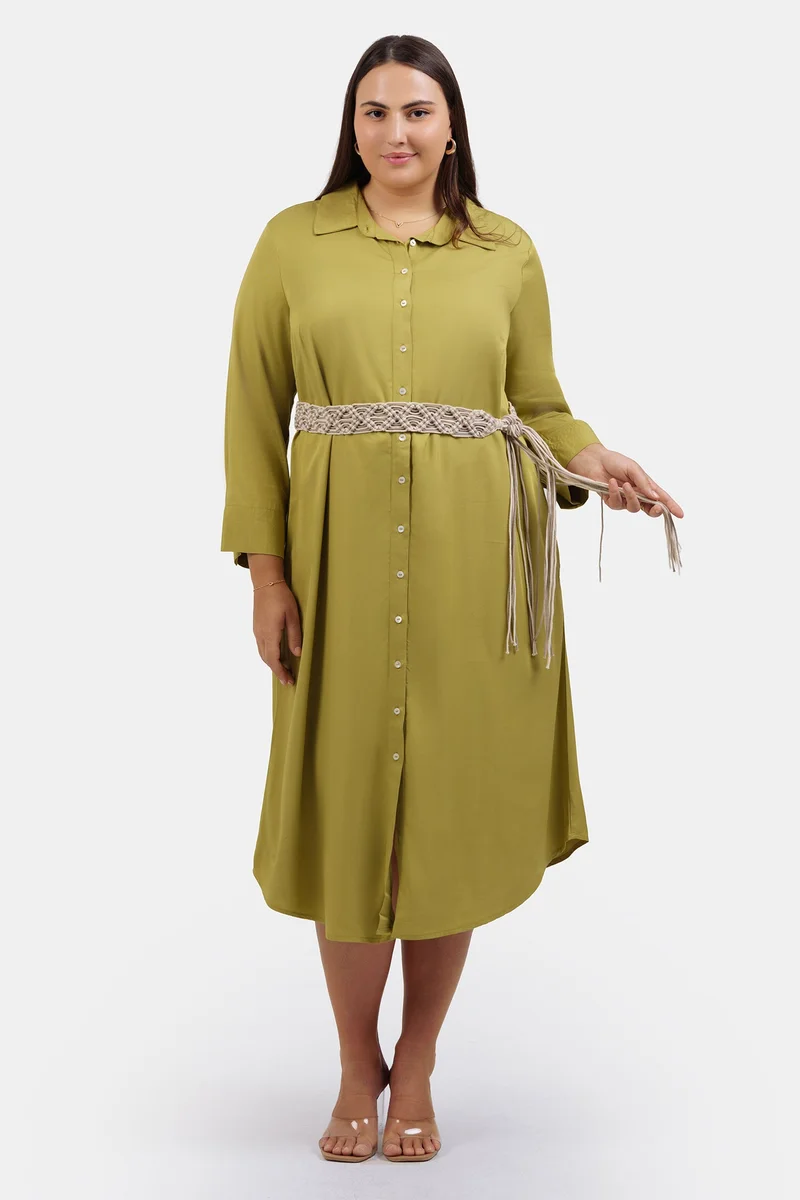 Virgio Solid Tencel Midi Plus Size Dress With Belt for Women