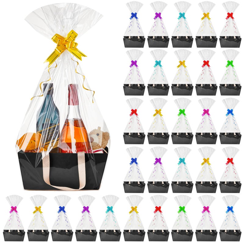 Tuanse 30 Pcs Basket for Gift Empty DIY Bulk Gift Basket Kit with Handle Kraft Cardboard Tray with 30 Bag 30 Bow Market Tray for Wedding PartyBlack98 x 65 x 43 in - Image 2