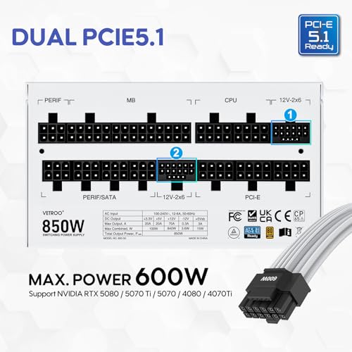 Vetroo 850W Power Supply Dual PCIe 5.1 ATX 3.1 Ready, 80 Plus Gold Full Modular, Quiet Operation with 120mm FDB Fan, 10-Year Warranty - White - Image 2