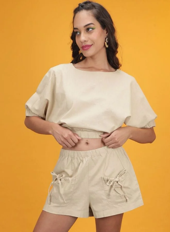 Women Regular Fit Solid Short Sleeve Mid Rise Crop Top and Shorts Co-Ords Set